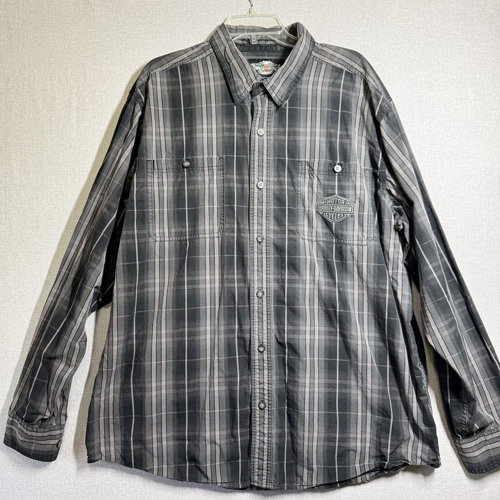 Harley-Davidson Shirt Mens 2XLT Gray Plaid Long Sleeve Embroidered Button Front
